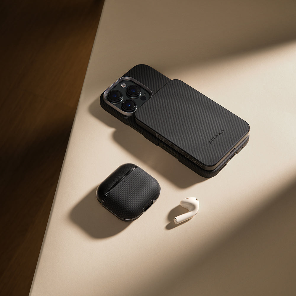 Apple Airpods 4 Kılıf 1500D Aramid Fiber Pitaka Ultra-Slim Classic Serisi Black-Grey Twill Kapak