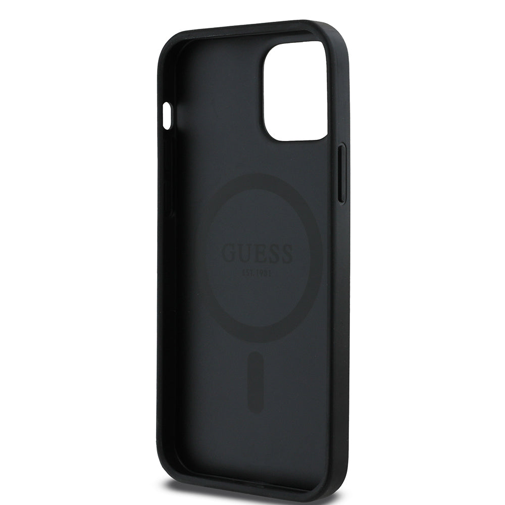 Apple iPhone 12 Kılıf Guess Orjinal Lisanslı M-safe Şarj Özellikli Yazı Logolu Saffiano Classic Kapak