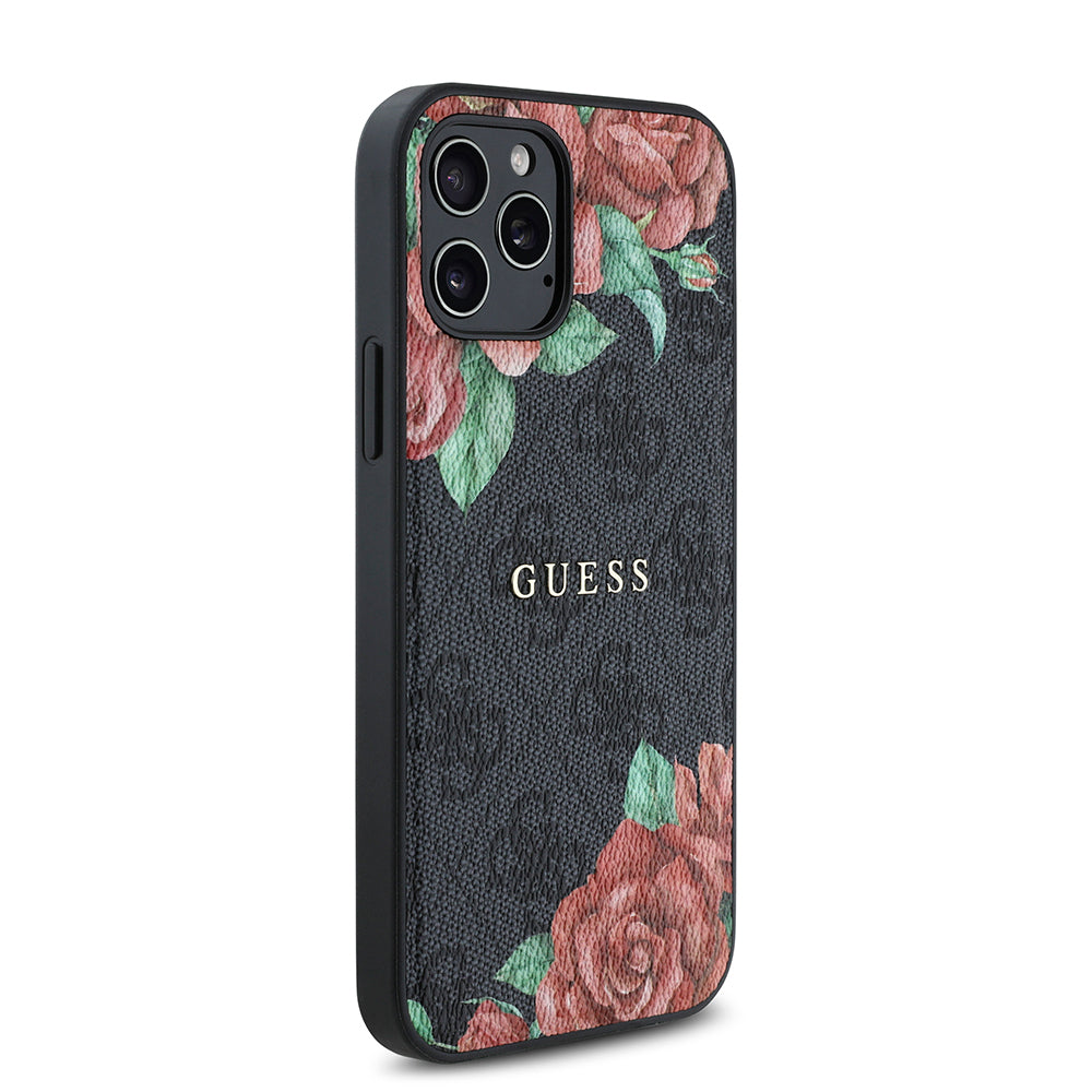 Apple iPhone 12 Pro Kılıf Guess Orjinal Lisanslı M-safe Şarj Özellikli Gül Baskılı 4G Desenli Yazı Logolu Kapak