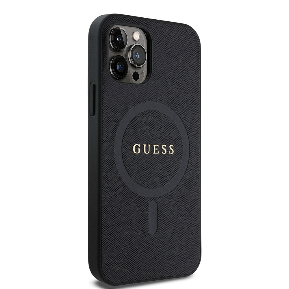 Apple iPhone 12 Pro Kılıf Guess Orjinal Lisanslı M-safe Şarj Özellikli Yazı Logolu Saffiano Classic Kapak