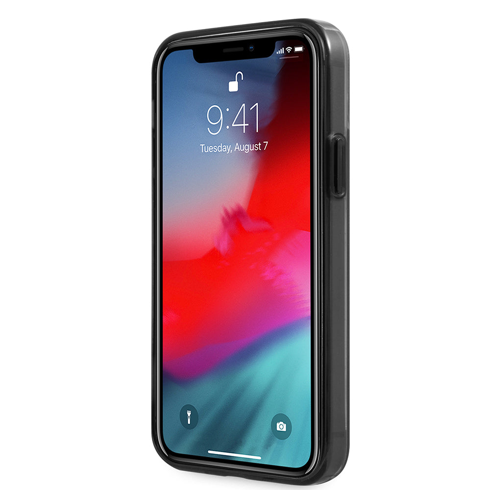 Apple iPhone 12 Pro Max Kılıf Ferrari Orjinal Lisanlı Klasik Metal Logolu Transparan Çizgi Desenli Gradient Kapak