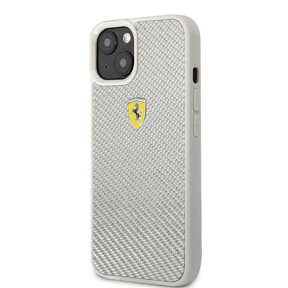 Apple iPhone 13 Kılıf Ferrari Orjinal Lisanlı Klasik Metal Logolu Karbon Dizayn Kapak