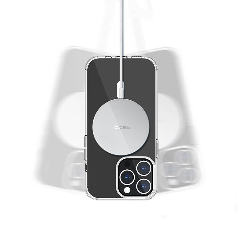 Apple iPhone 13 Kılıf M-safe Şarj Özellikli Airbagli Şeffaf PC Arka Yüzey Recci Magnetik Suction Serisi Kapak
