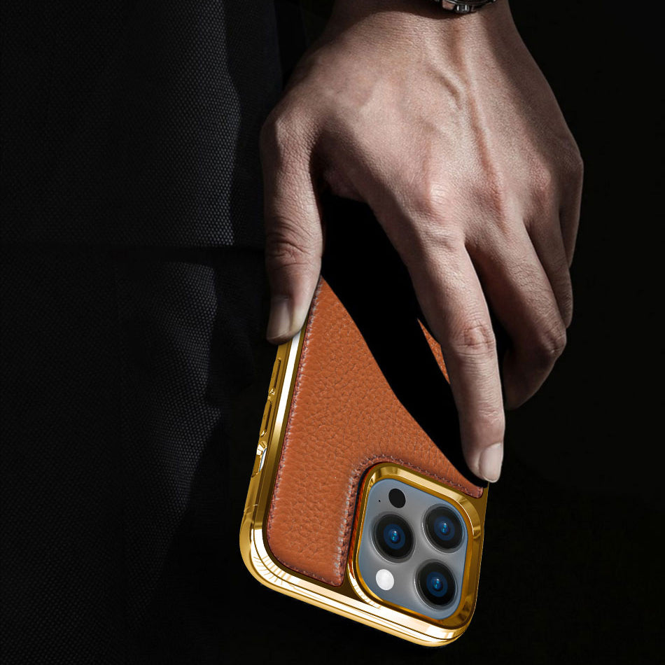 Apple iPhone 13 Mini Kılıf Wiwu Genuine Leather Gold Calfskin Orjinal Deri Kapak