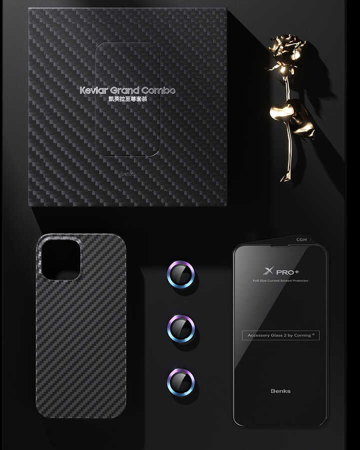 Apple iPhone 13 Pro Kılıf Benks Aramid Karbon M-safe 3 in 1 Set