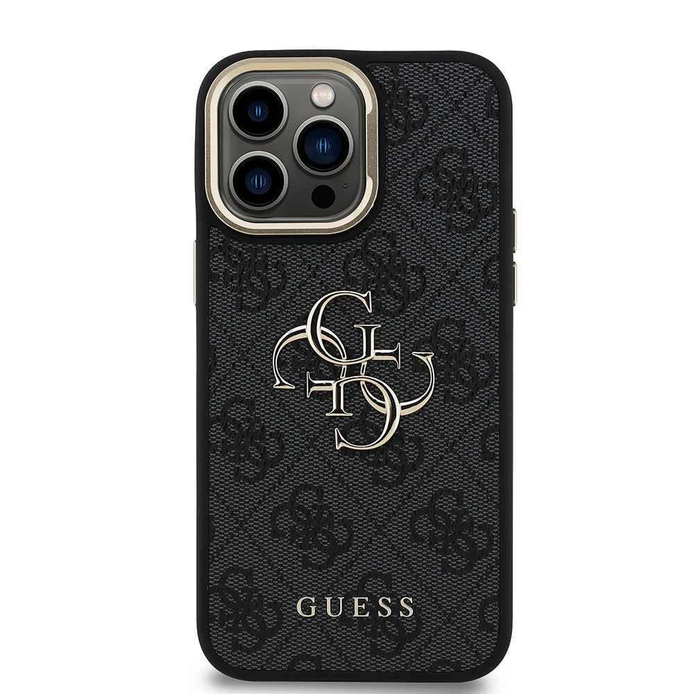 Apple iPhone 13 Pro Max Kılıf Guess Orjinal Lisanslı PU Deri 4G Desenli Metal Büyük 4G ve Yazı Logolu Kamera Standlı Kapak