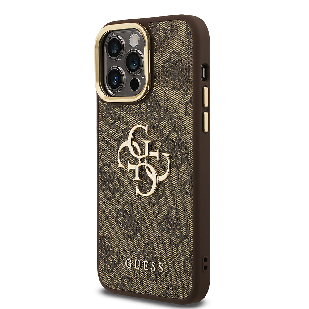 Apple iPhone 13 Pro Max Kılıf Guess Orjinal Lisanslı PU Deri 4G Desenli Metal Büyük 4G ve Yazı Logolu Kamera Standlı Kapak
