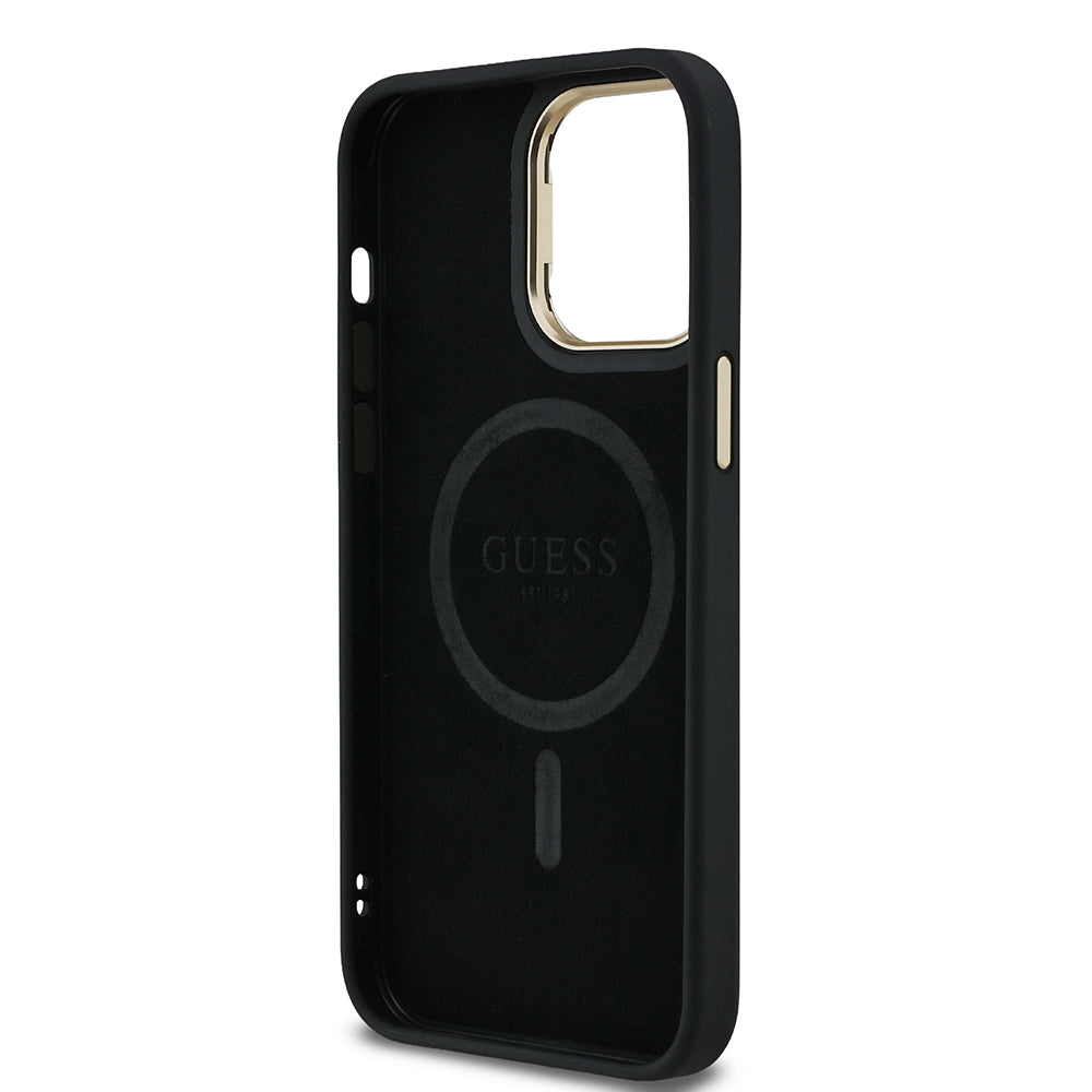 Apple iPhone 13 Pro Max Kılıf Guess Orjinal Lisanslı PU Deri Taşlı Üçgen Logo 4G Desenli Kamera Standlı Kapak