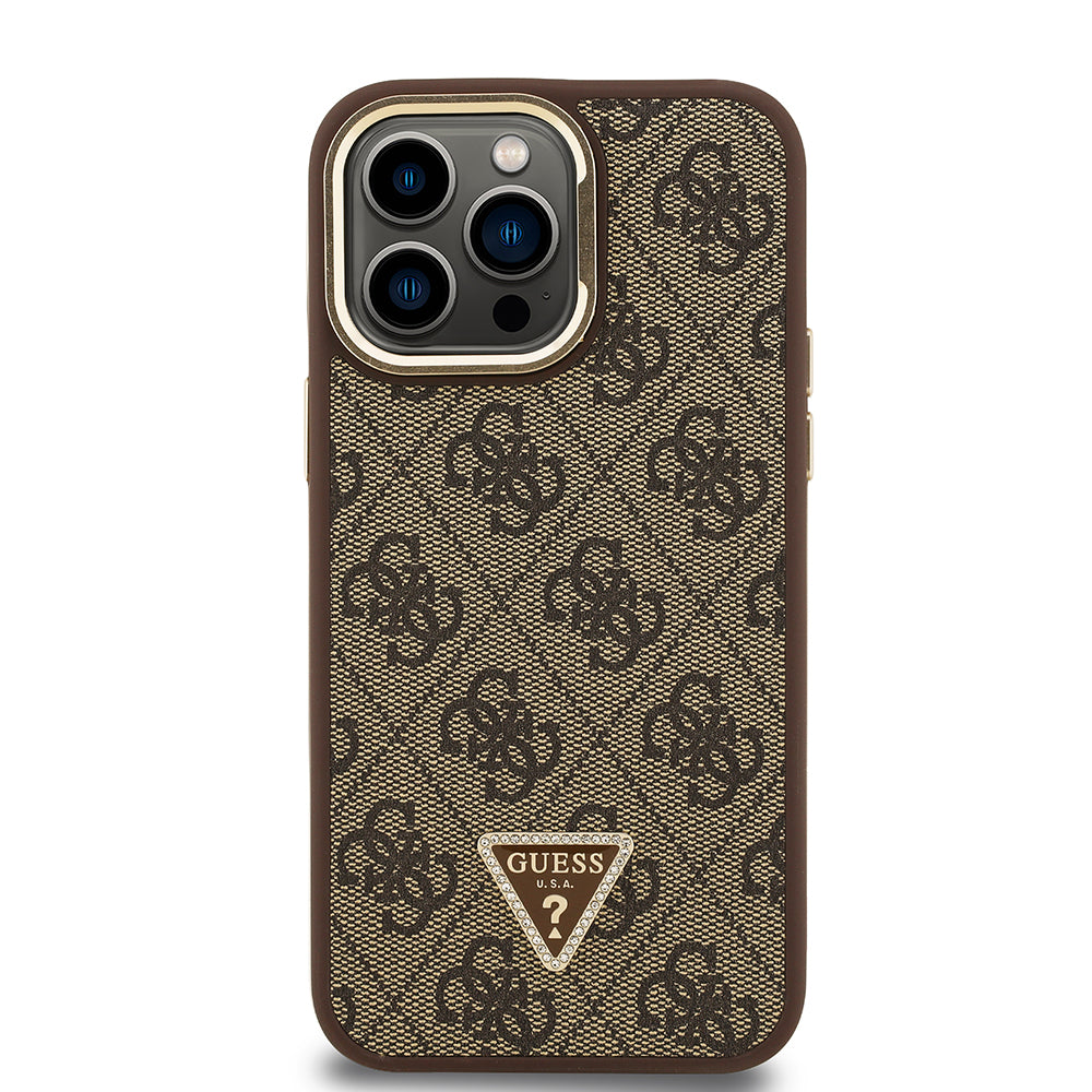 Apple iPhone 13 Pro Max Kılıf Guess Orjinal Lisanslı PU Deri Taşlı Üçgen Logo 4G Desenli Kamera Standlı Kapak