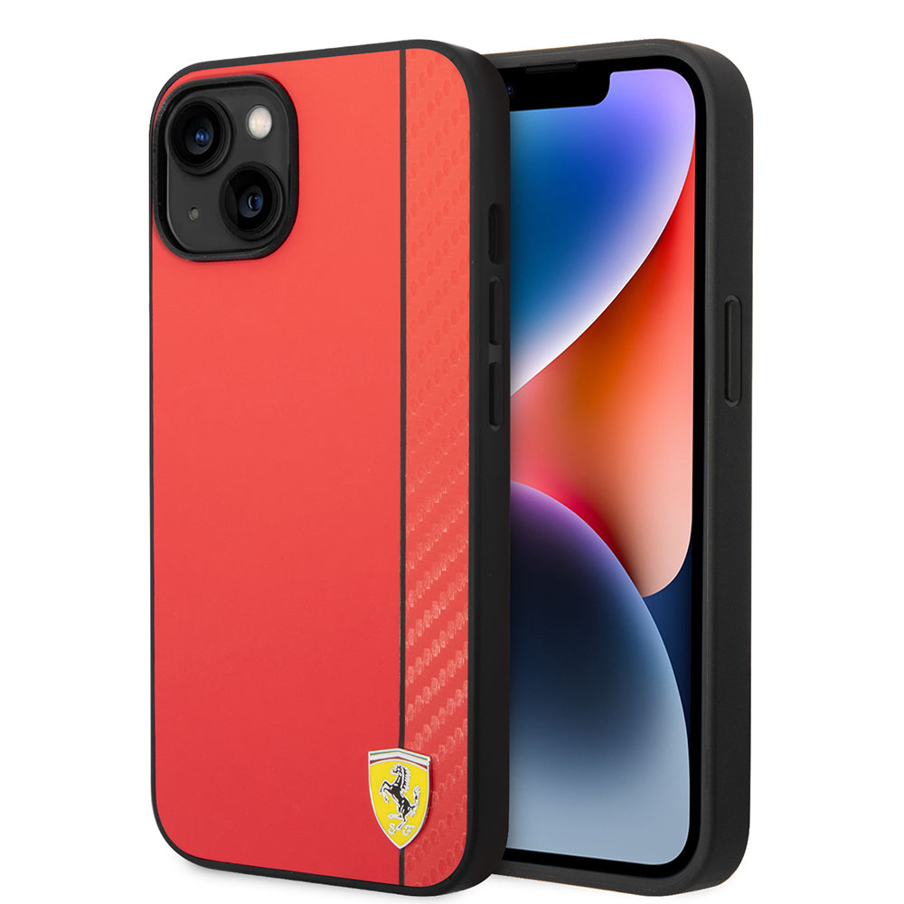 Apple iPhone 14 Kılıf Ferrari Orjinal Lisanslı M-safe Şarj Özellikli Pu Deri Ve Karbon Şeritli Dizayn Kapak