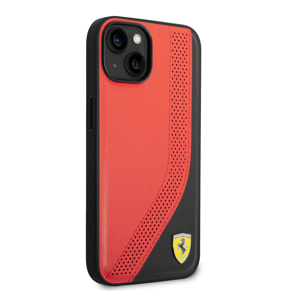 Apple iPhone 14 Kılıf Ferrari Orjinal Lisanslı Metal Logolu Deri Delikli Dikişli Dizayn Kapak