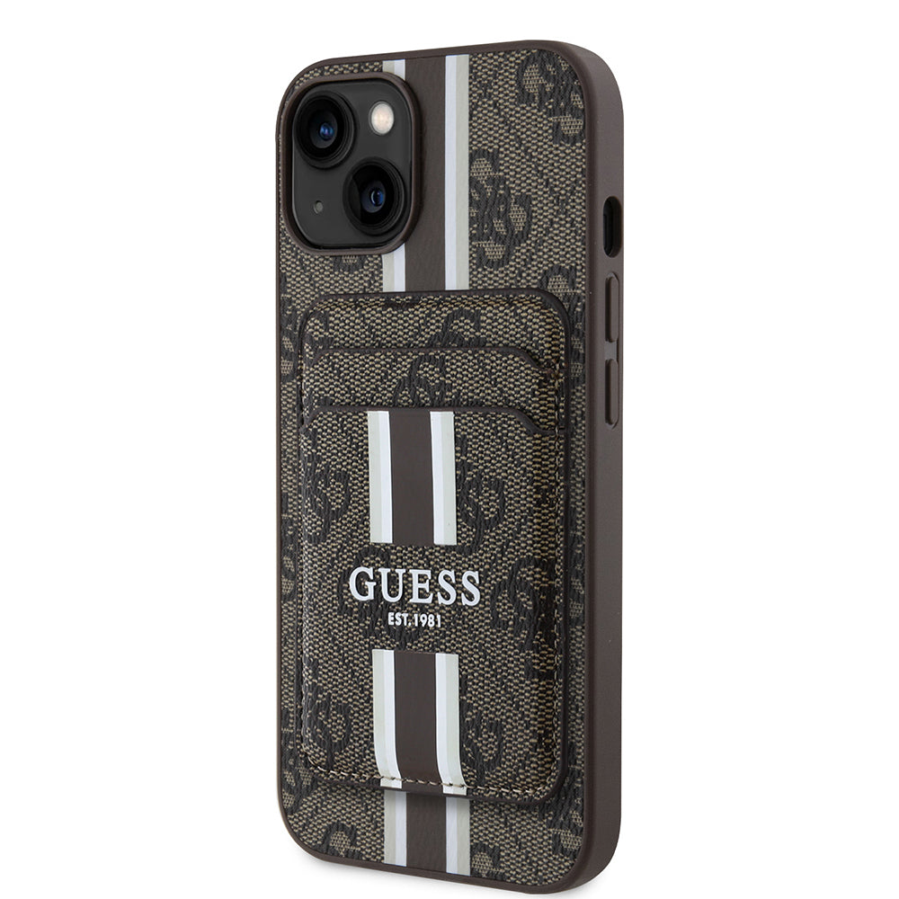 Apple iPhone 14 Kılıf Guess Orjinal Lisanslı M-safe Şarj Özellikli 4G Desenli Çizgili Kartlıklı Kapak