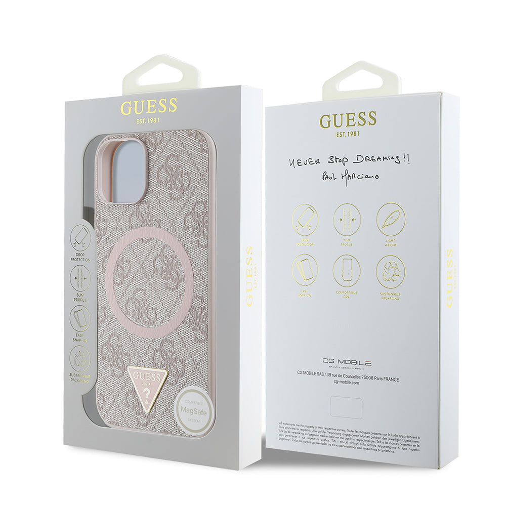 Apple iPhone 14 Kılıf Guess Orjinal Lisanslı M-safe Şarj Özellikli PU Üçgen Logo 4G Desenli Kapak