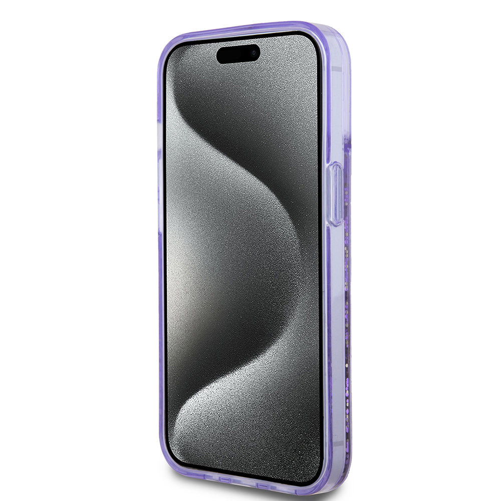 Apple iPhone 14 Kılıf Guess Orjinal Lisanslı Transparan Sıvılı Simli Altın Çizgili Kapak