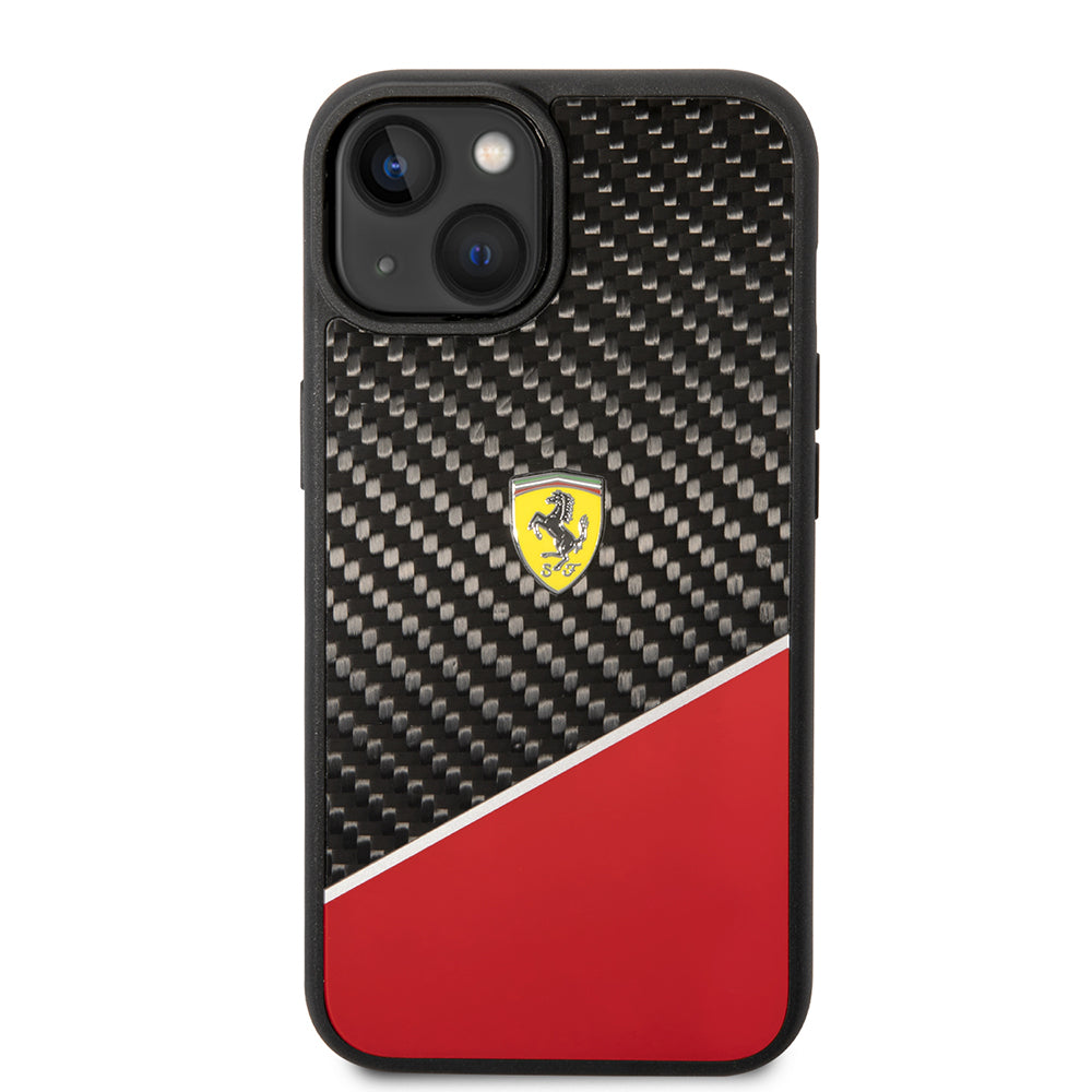 Apple iPhone 14 Plus Kılıf Ferrari Orjinal Lisanlı Klasik Metal Logolu Karbon Şerit Desenli Kapak
