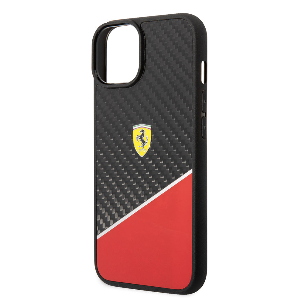 Apple iPhone 14 Plus Kılıf Ferrari Orjinal Lisanlı Klasik Metal Logolu Karbon Şerit Desenli Kapak