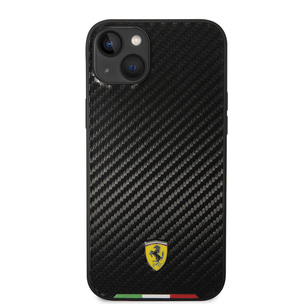 Apple iPhone 14 Plus Kılıf Ferrari Orjinal Lisanslı M-safe Şarj Özellikli Karbon İtalyan Bayrak Dizayn Kapak