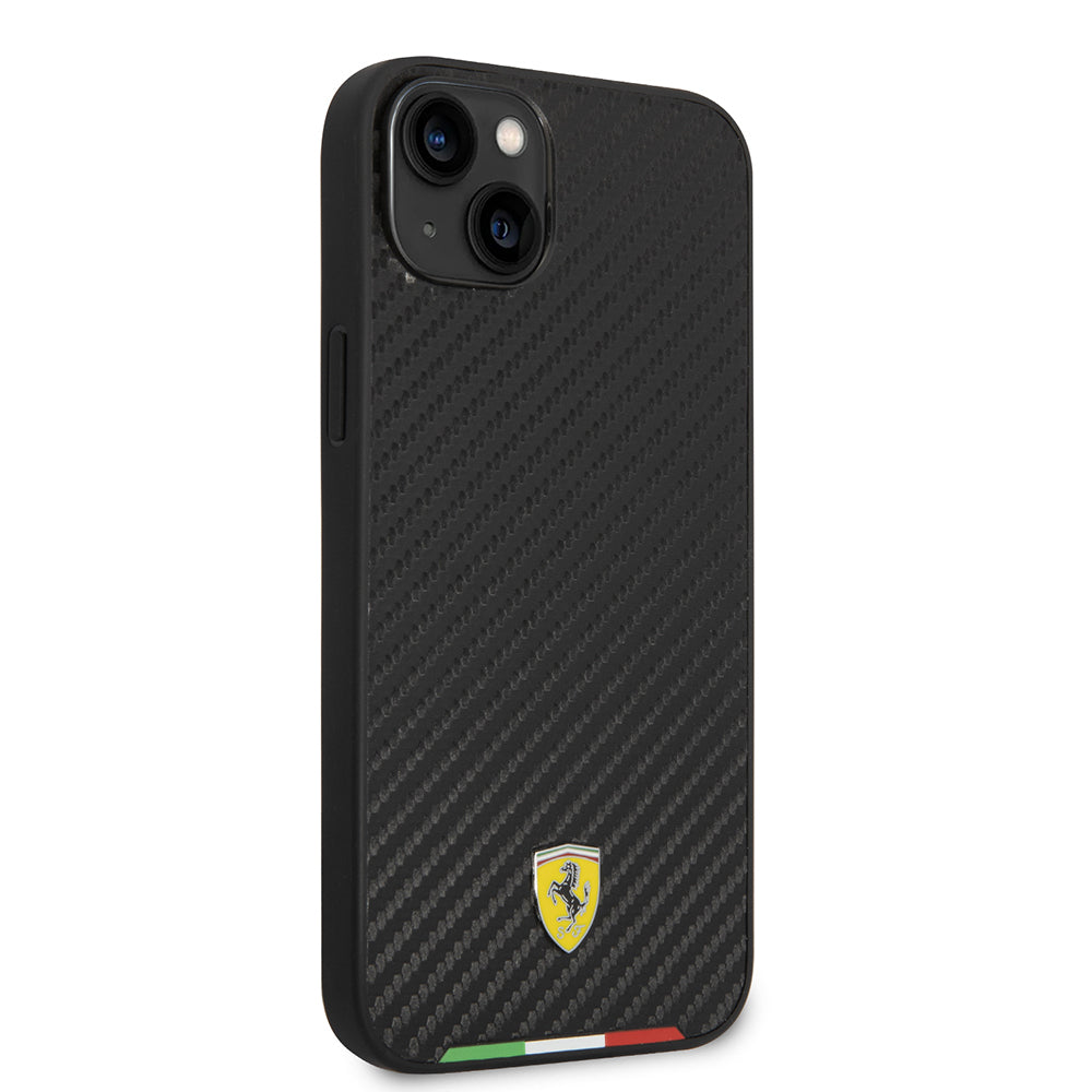 Apple iPhone 14 Plus Kılıf Ferrari Orjinal Lisanslı M-safe Şarj Özellikli Karbon İtalyan Bayrak Dizayn Kapak