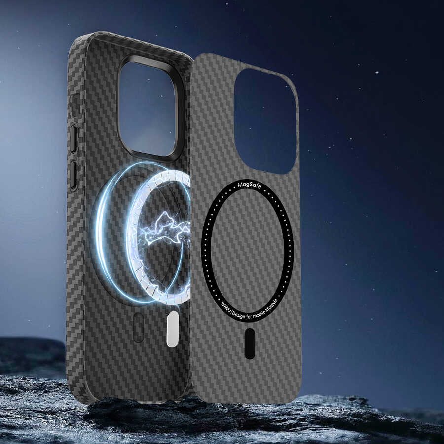 Apple iPhone 14 Plus Kılıf Wiwu Karbon Fiber Görünümlü M-safe Wireless Şarj Özellikli Kabon Kapak