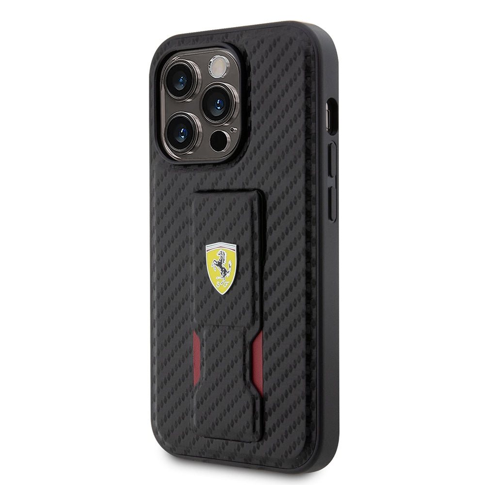 Apple iPhone 14 Pro Kılıf Ferrari Orjinal Lisanlı Klasik Metal Logolu Delikli Standlı Karbon Kapak