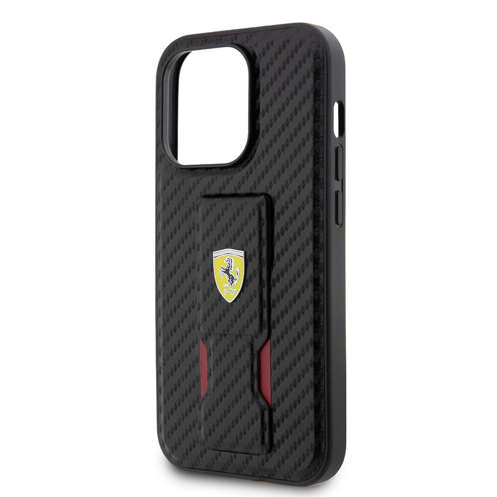 Apple iPhone 14 Pro Kılıf Ferrari Orjinal Lisanlı Klasik Metal Logolu Delikli Standlı Karbon Kapak
