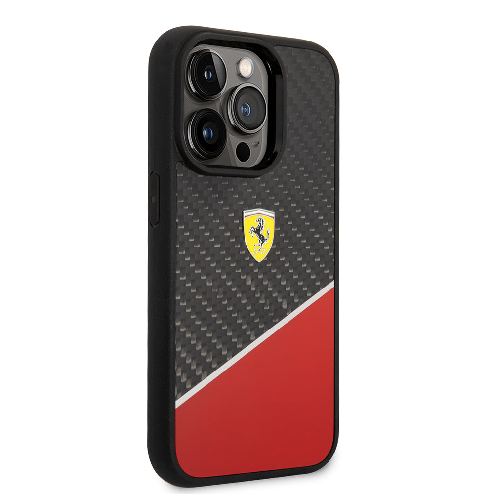 Apple iPhone 14 Pro Kılıf Ferrari Orjinal Lisanlı Klasik Metal Logolu Karbon Şerit Desenli Kapak