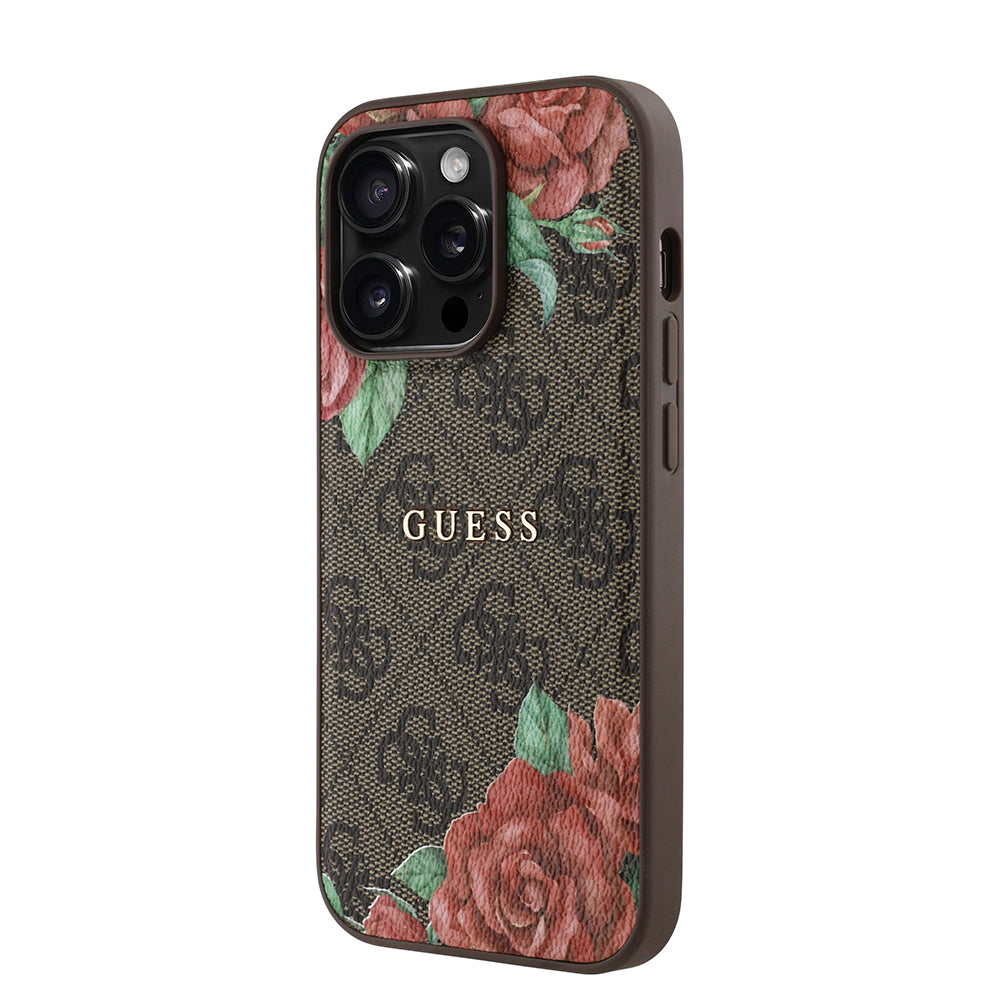 Apple iPhone 14 Pro Kılıf Guess Orjinal Lisanslı M-safe Şarj Özellikli Gül Baskılı 4G Desenli Yazı Logolu Kapak