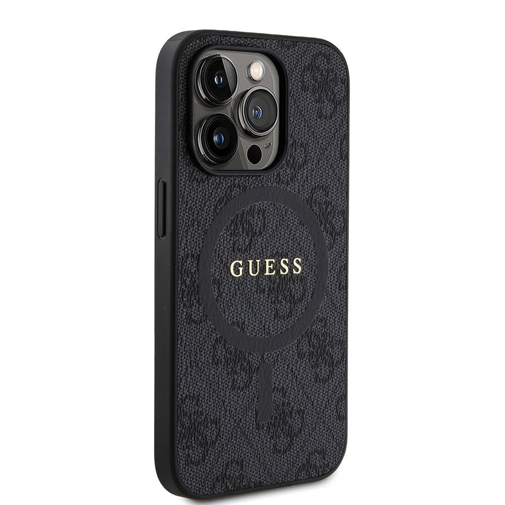 Apple iPhone 14 Pro Kılıf Guess Orjinal Lisanslı M-safe Şarj Özellikli PU Halkalı 4G Desenli Yazı Logolu Kapak