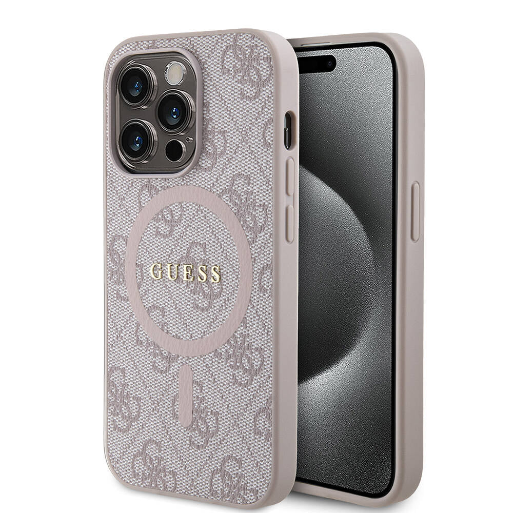 Apple iPhone 14 Pro Kılıf Guess Orjinal Lisanslı M-safe Şarj Özellikli PU Halkalı 4G Desenli Yazı Logolu Kapak
