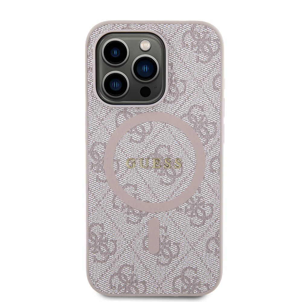 Apple iPhone 14 Pro Kılıf Guess Orjinal Lisanslı M-safe Şarj Özellikli PU Halkalı 4G Desenli Yazı Logolu Kapak