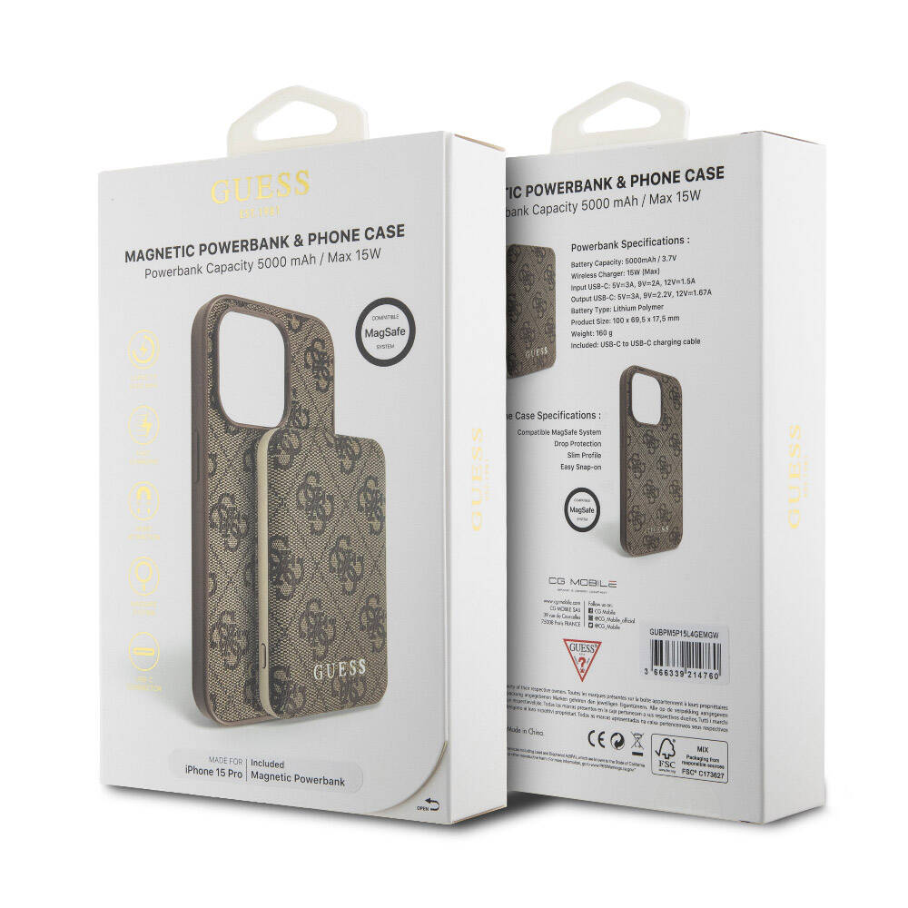 Apple iPhone 14 Pro Kılıf Guess Orjinal Lisanslı M-safe Şarj Özellikli Yazı Logolu 4G Desenli Kapak + Powerbank 5000mAh 2in1 Set