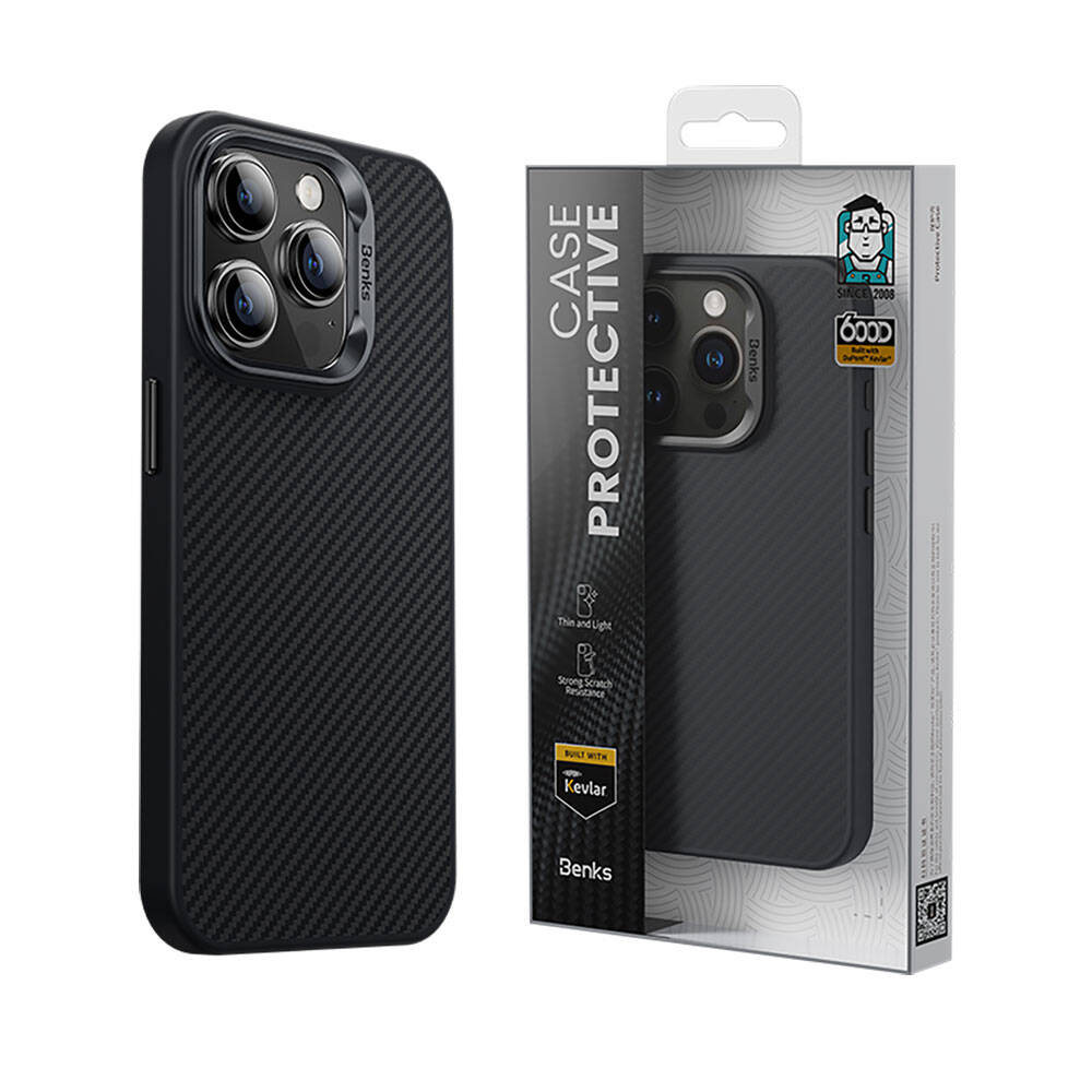 Apple iPhone 14 Pro Kılıf Karbon Fiber M-safe Şarj Özellikli Benks Hybrid ArmorPro 600D Kevlar Kapak