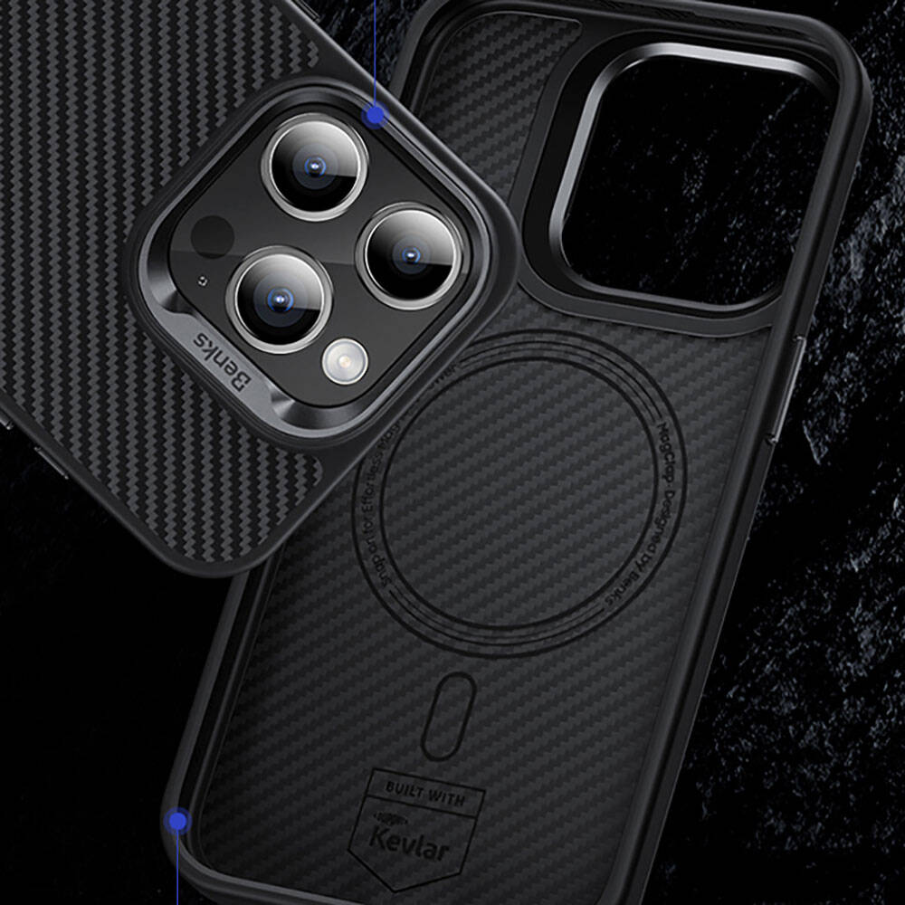 Apple iPhone 14 Pro Kılıf Karbon Fiber M-safe Şarj Özellikli Benks Hybrid ArmorPro 600D Kevlar Kapak