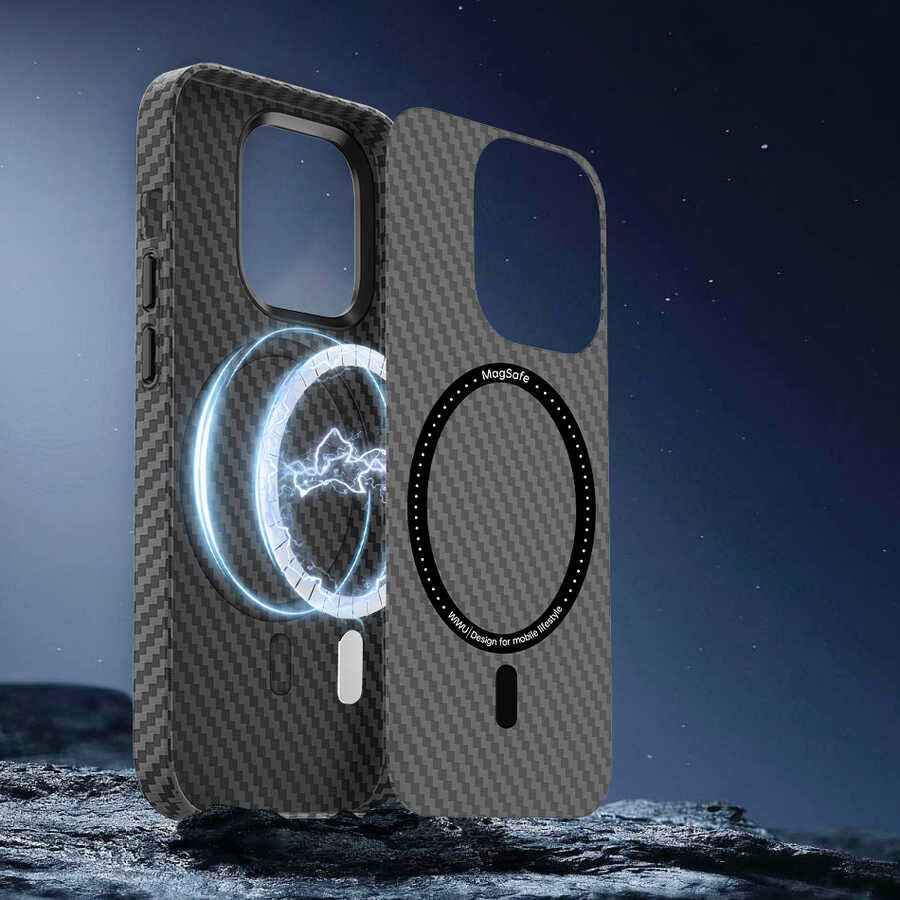 Apple iPhone 14 Pro Kılıf Wiwu Karbon Fiber Görünümlü M-safe Wireless Şarj Özellikli Kabon Kapak