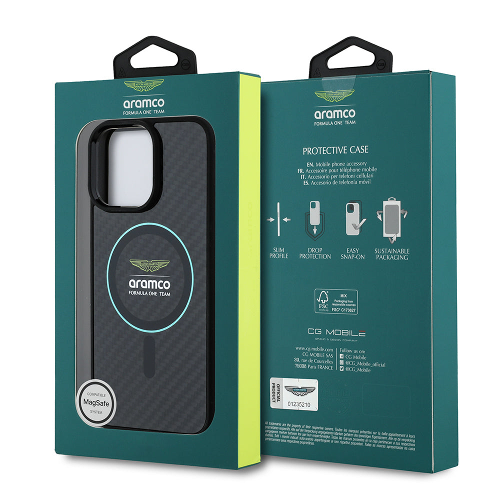 Apple iPhone 14 Pro Max Kılıf Aston Martin Orjinal Lisanslı M-safe Şarj Özellikli Renkli Halka ve Karbon Fiber Tasarımlı Kapak