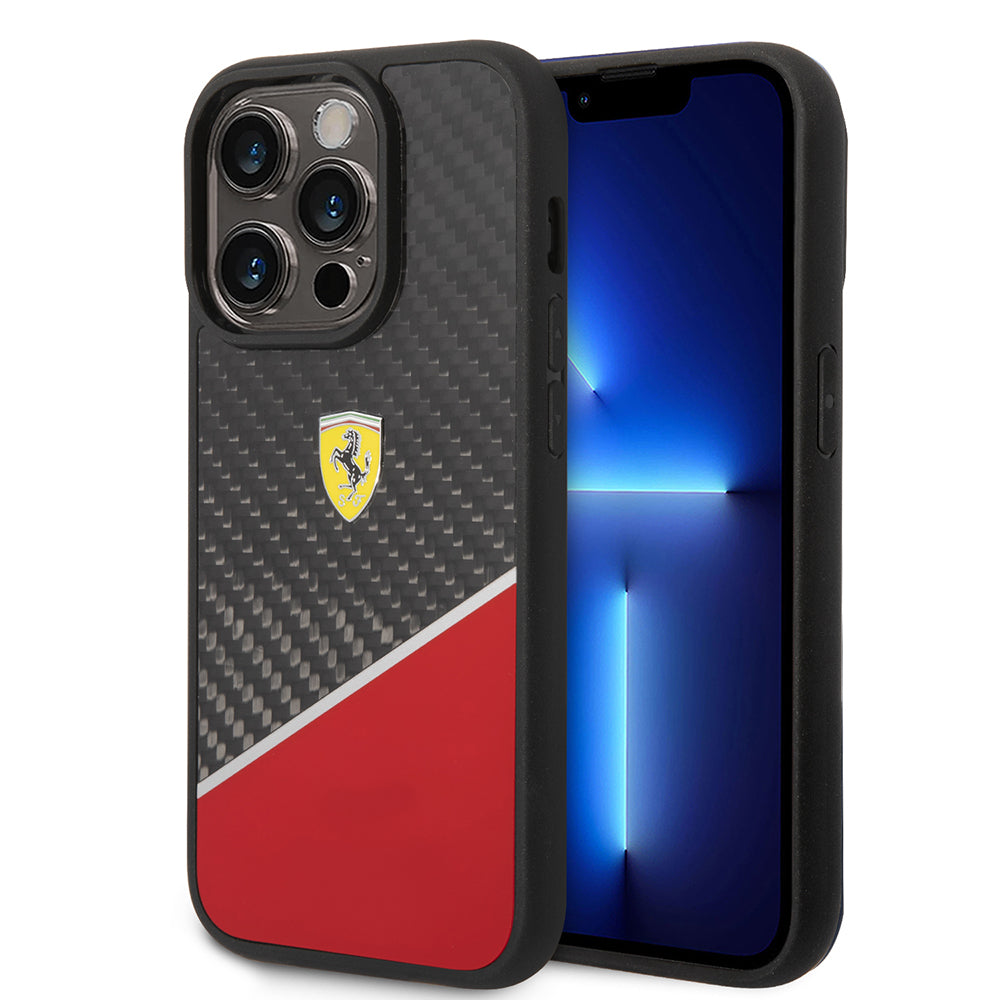 Apple iPhone 14 Pro Max Kılıf Ferrari Orjinal Lisanlı Klasik Metal Logolu Karbon Şerit Desenli Kapak