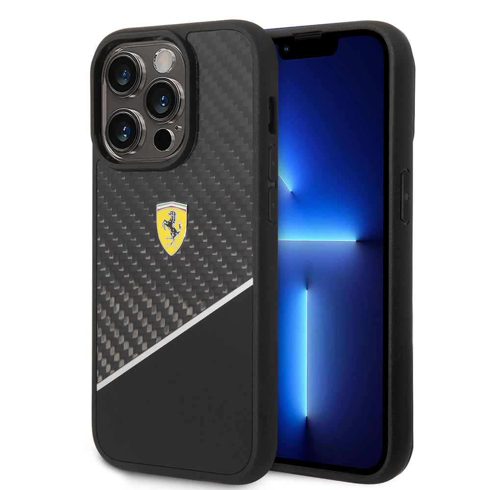 Apple iPhone 14 Pro Max Kılıf Ferrari Orjinal Lisanlı Klasik Metal Logolu Karbon Şerit Desenli Kapak