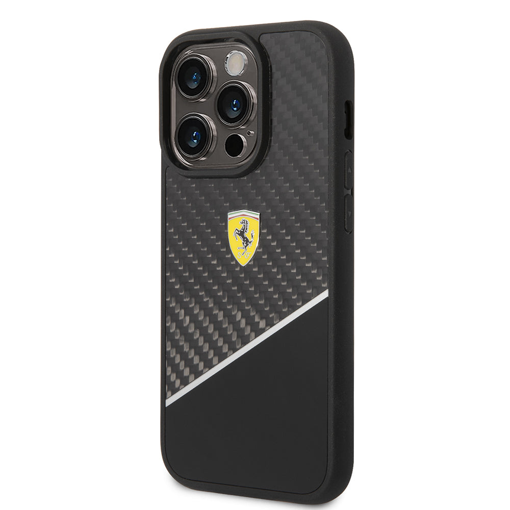Apple iPhone 14 Pro Max Kılıf Ferrari Orjinal Lisanlı Klasik Metal Logolu Karbon Şerit Desenli Kapak