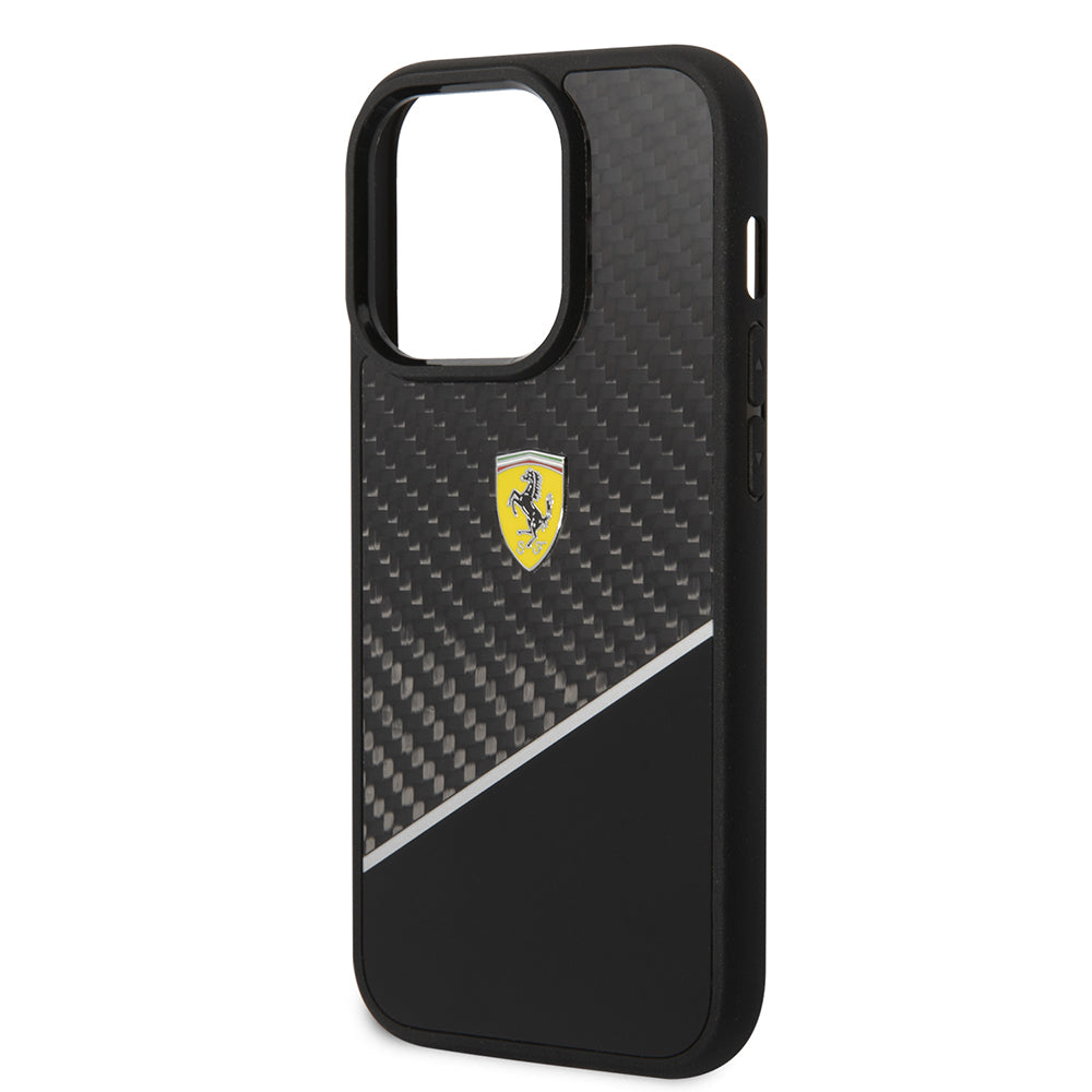 Apple iPhone 14 Pro Max Kılıf Ferrari Orjinal Lisanlı Klasik Metal Logolu Karbon Şerit Desenli Kapak