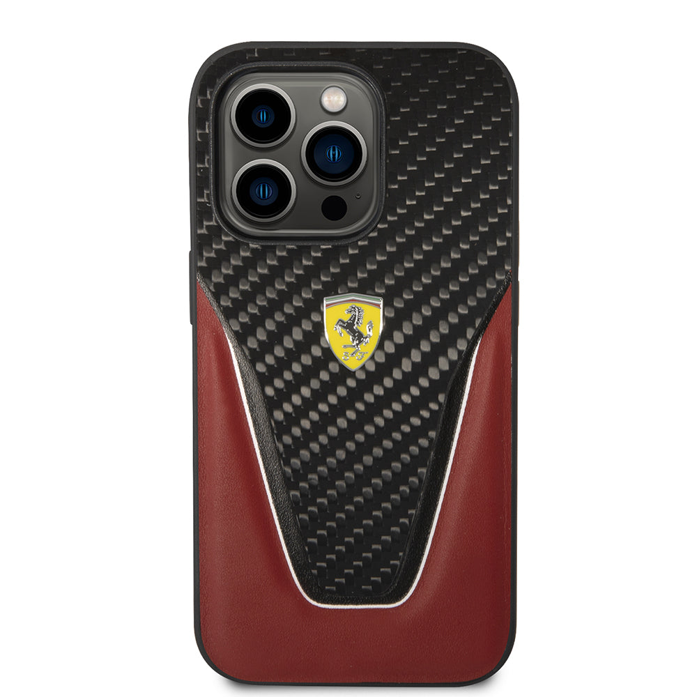 Apple iPhone 14 Pro Max Kılıf Ferrari Orjinal Lisanlı Klasik Metal Logolu Karbon V Desenli Kapak