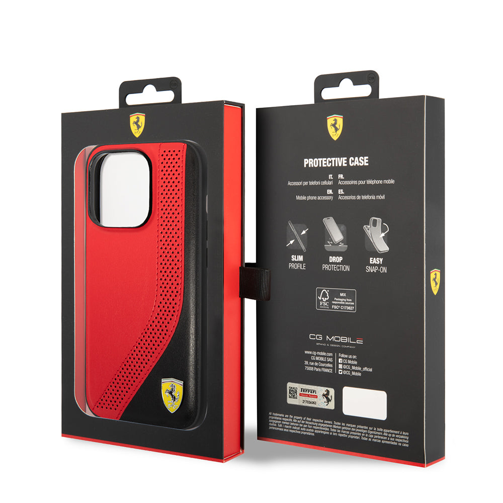 Apple iPhone 14 Pro Max Kılıf Ferrari Orjinal Lisanslı Metal Logolu Deri Delikli Dikişli Dizayn Kapak