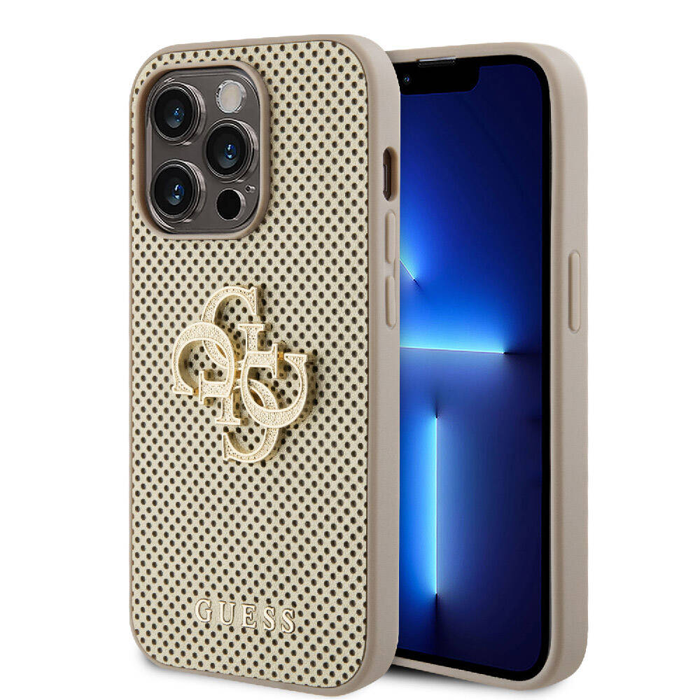 Apple iPhone 14 Pro Max Kılıf Guess Orjinal Lisanslı Delikli Yazı ve 4G Glitter Büyük Metal Logolu Kapak
