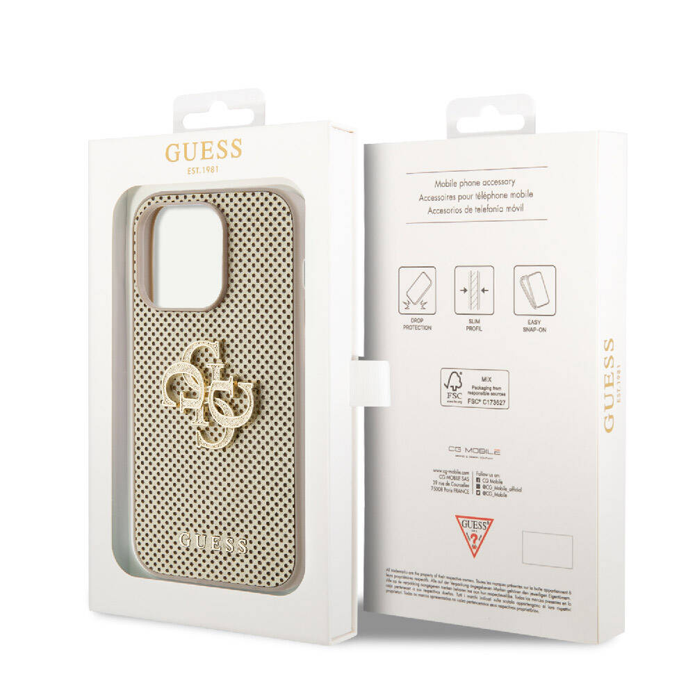 Apple iPhone 14 Pro Max Kılıf Guess Orjinal Lisanslı Delikli Yazı ve 4G Glitter Büyük Metal Logolu Kapak