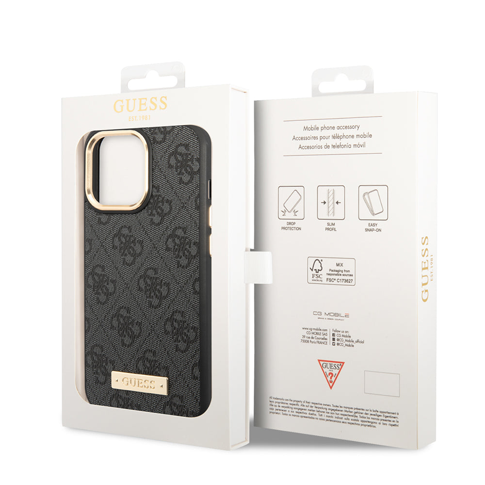 Apple iPhone 14 Pro Max Kılıf Guess Orjinal Lisanslı M-safe Şarj Özellikli 4G Desenli PU Metal Plaka Klasik Logolu Kapak