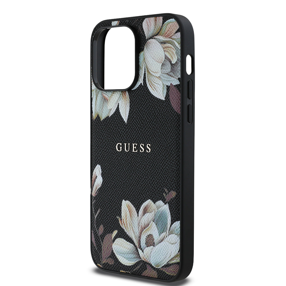 Apple iPhone 14 Pro Max Kılıf Guess Orjinal Lisanslı M-safe Şarj Özellikli Taneli Çiçek Tasarımlı Metal Yazı Logolu Kapak