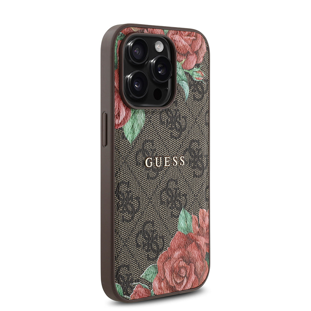 Apple iPhone 14 Pro Max Kılıf Guess Orjinal Lisanslı M-safe Şarj Özellikli Gül Baskılı 4G Desenli Yazı Logolu Kapak