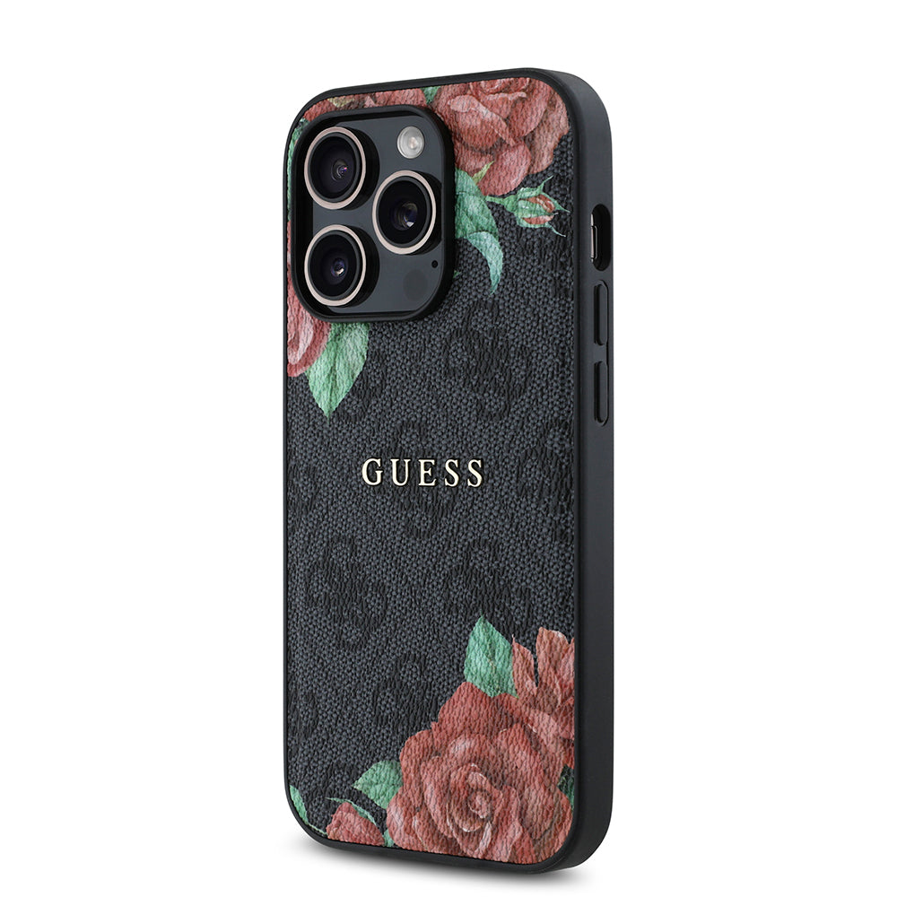 Apple iPhone 14 Pro Max Kılıf Guess Orjinal Lisanslı M-safe Şarj Özellikli Gül Baskılı 4G Desenli Yazı Logolu Kapak