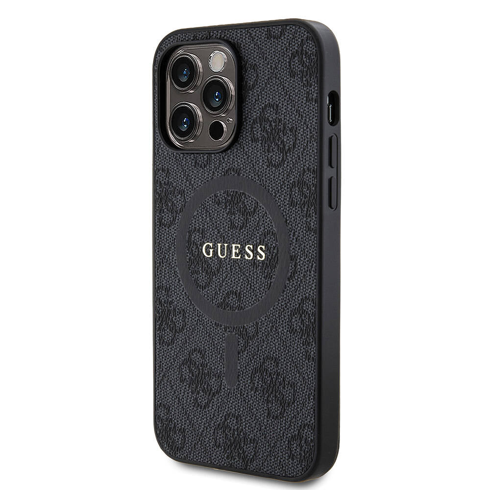 Apple iPhone 14 Pro Max Kılıf Guess Orjinal Lisanslı M-safe Şarj Özellikli PU Halkalı 4G Desenli Yazı Logolu Kapak
