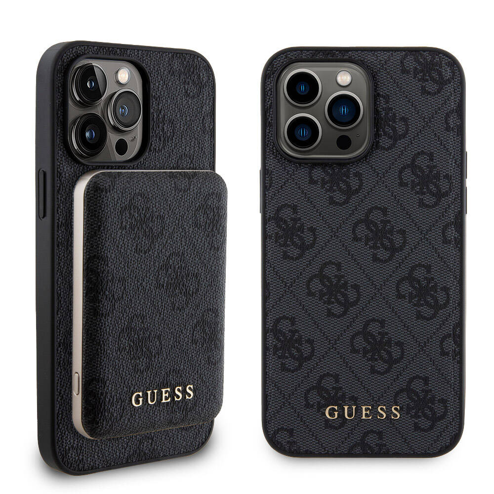 Apple iPhone 14 Pro Max Kılıf Guess Orjinal Lisanslı M-safe Şarj Özellikli Yazı Logolu 4G Desenli Kapak + Powerbank 5000mAh 2in1 Set