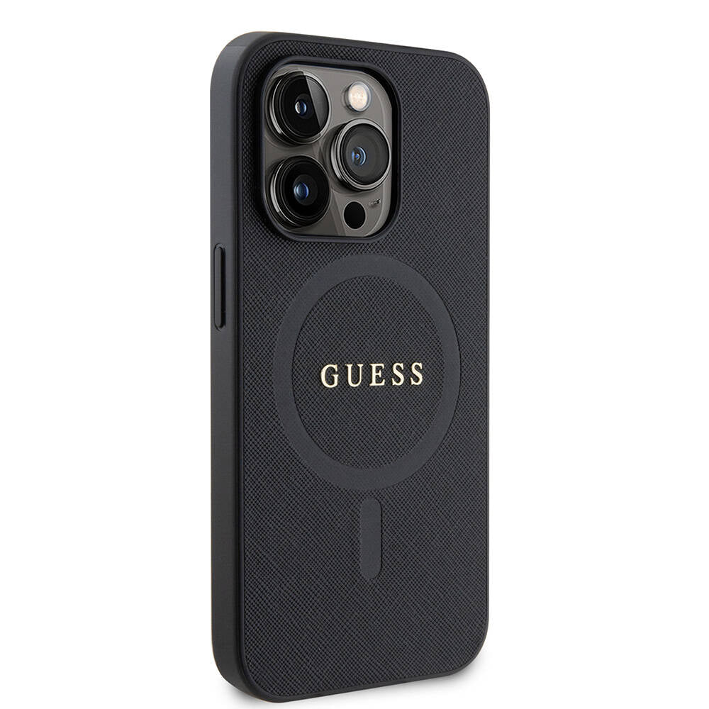 Apple iPhone 14 Pro Max Kılıf Guess Orjinal Lisanslı M-safe Şarj Özellikli Yazı Logolu Saffiano Kapak